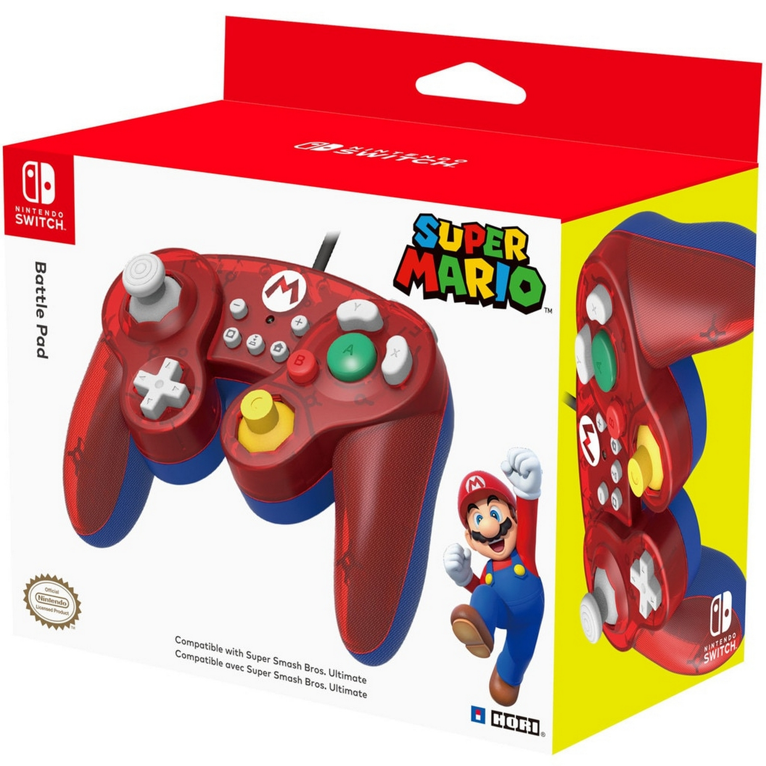 Mando - Hori Battle Pad, Modelo Mario, Con Cable, Para Nintendo Switch, Función turbo con 3 ajustes, Rojo