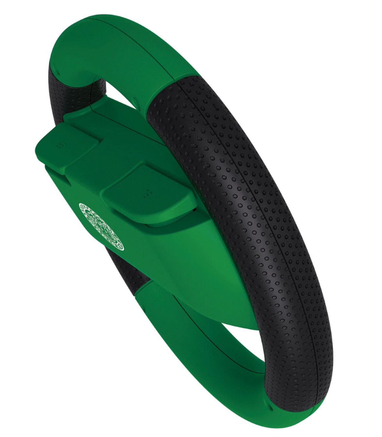 Un volante verde con empuñaduras negras. Está sobre un fondo blanco.