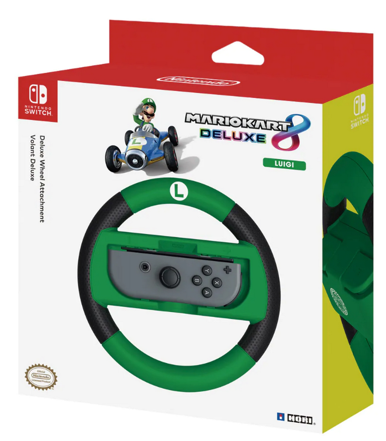 Caja de Mario Kart Deluxe 8 con accesorio de volante verde y mando.