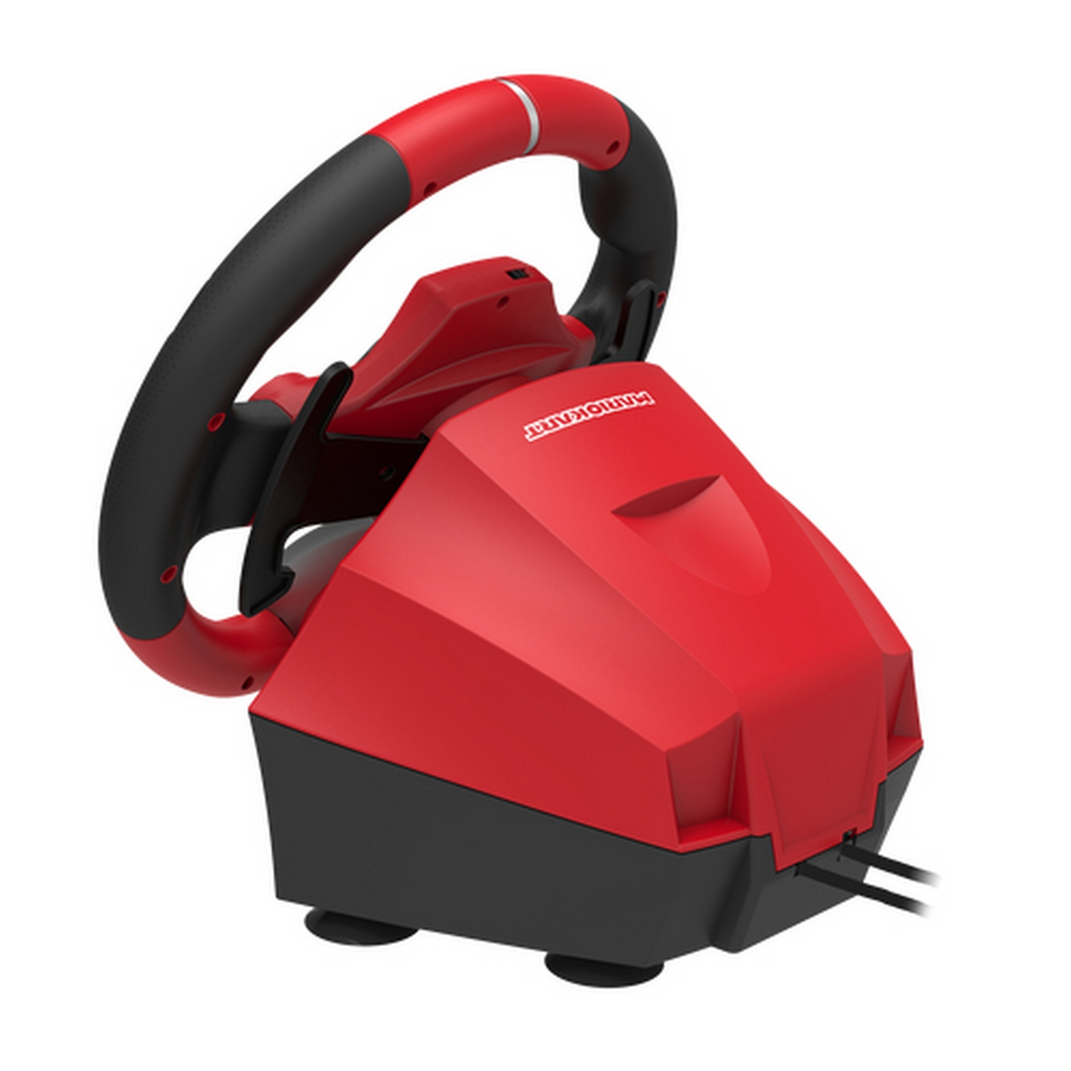 Un juguete de volante de Mario Kart rojo y negro. Está sobre un fondo blanco. El juguete está en ángulo.