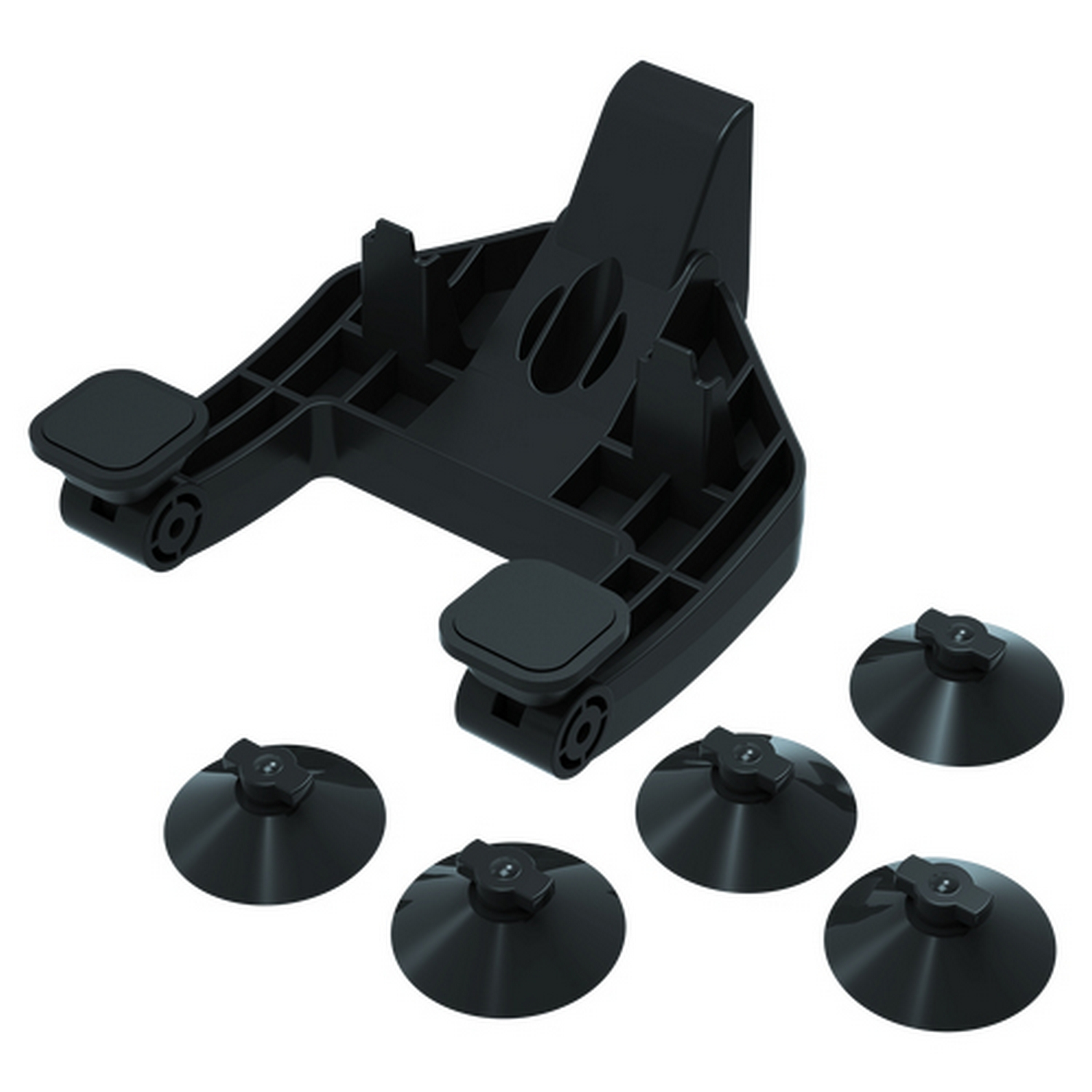 Soporte para teléfono negro con ventosas. Seis ventosas negras en círculo alrededor del soporte.
