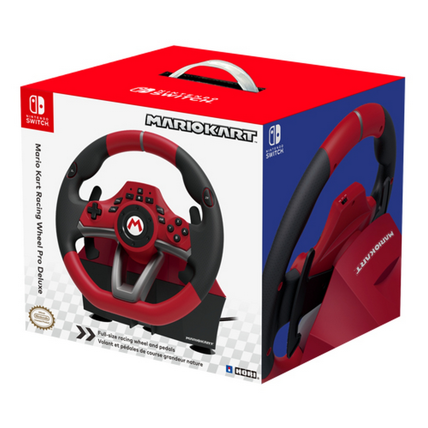 Volante y pedales de carreras Mario Kart en caja roja y negra. Logotipo de Nintendo Switch.