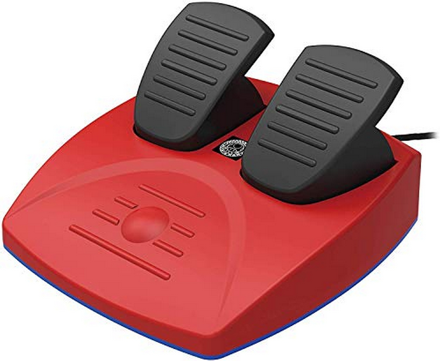 Juego de pedales de juego rojo con pedales negros. Dos pedales sobre una base roja.