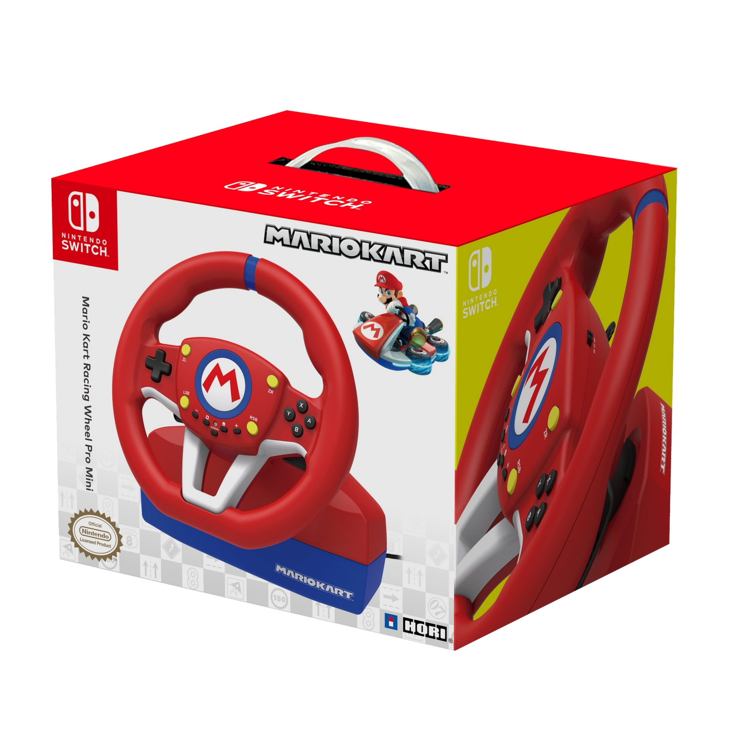 Caja Nintendo Switch Mario Kart Racing Wheel Pro Mini con volante e imagen de Mario.