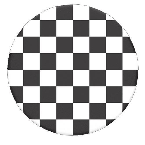 Patrón a cuadros blanco y negro sobre fondo redondo blanco. Se asemeja a una bandera de carreras.