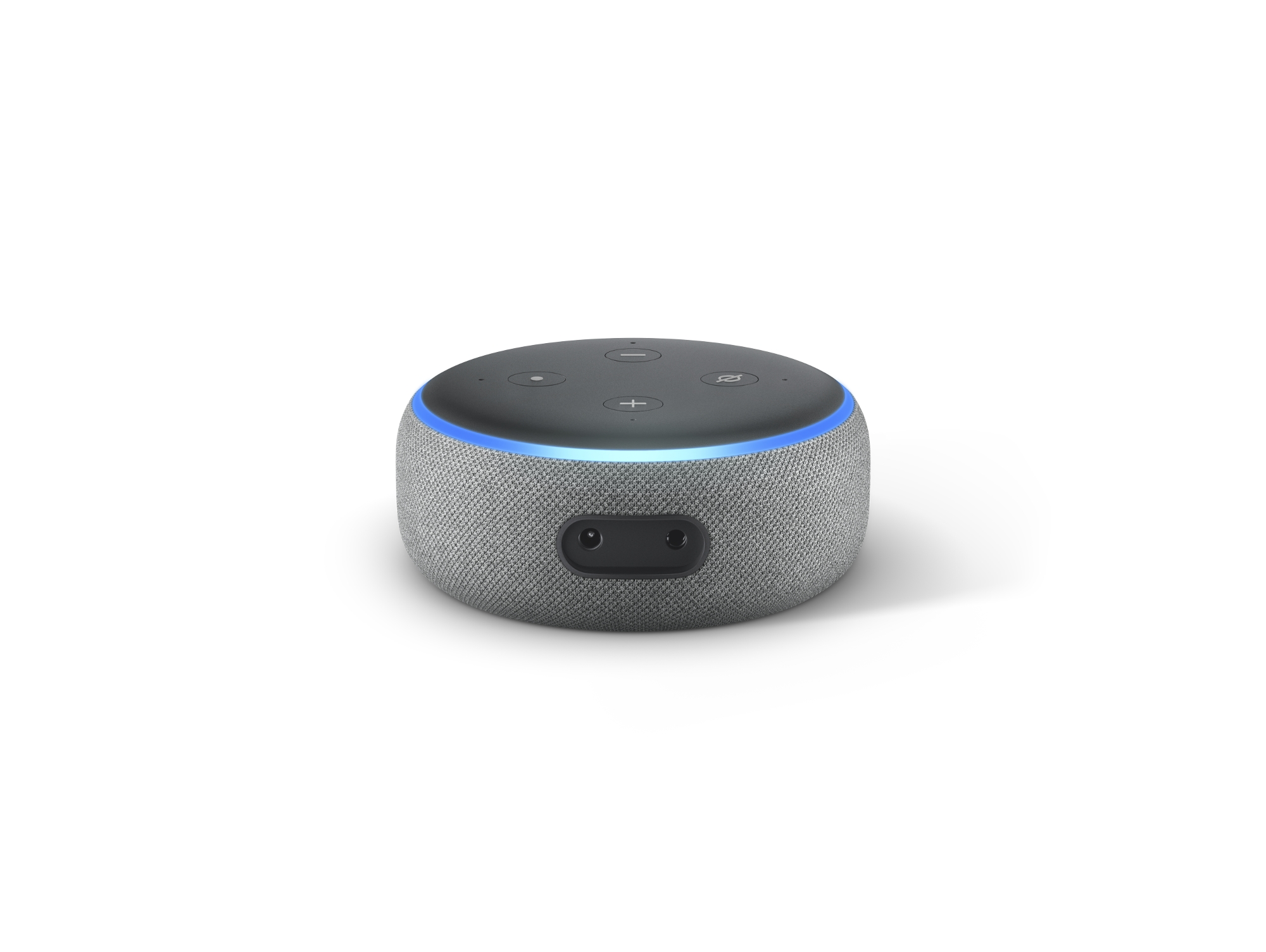 Amazon Echo Dot. Tela gris con anillo de luz azul. Puerto de carga negro en la parte posterior.