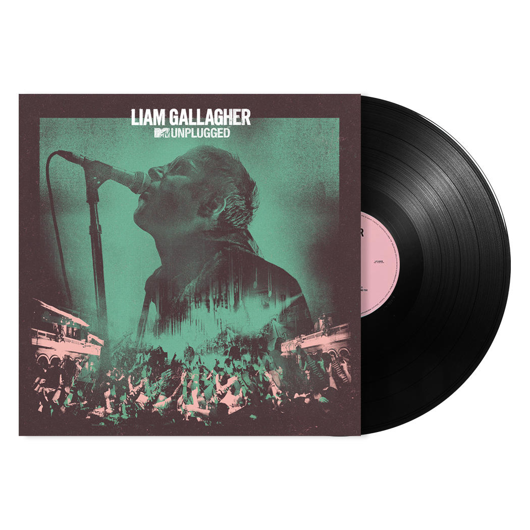 Liam Gallagher Unplugged album borítója. Gallagher egy mikrofonba énekel, alatta a tömeg, és egy bakelit lemez látható.