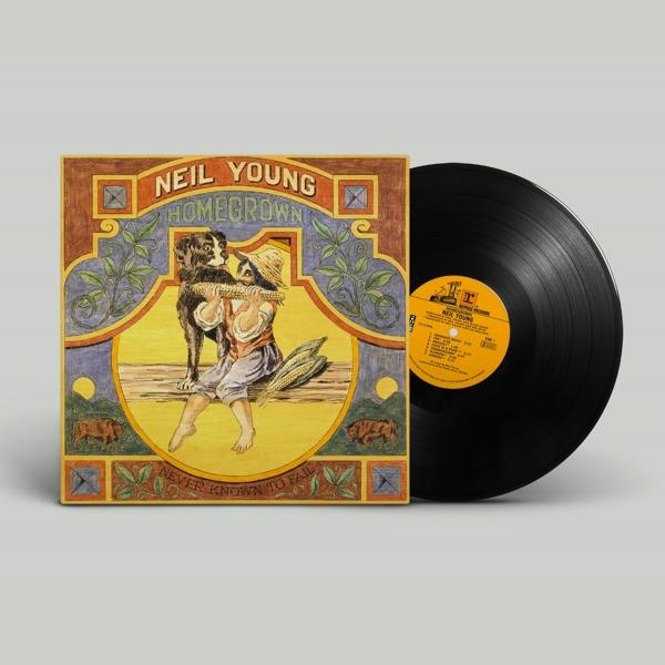 Vinil lemez album borítója. Egy fiú és egy kutya egy fa dokkon egy mezővel. 'Homegrown' cím.