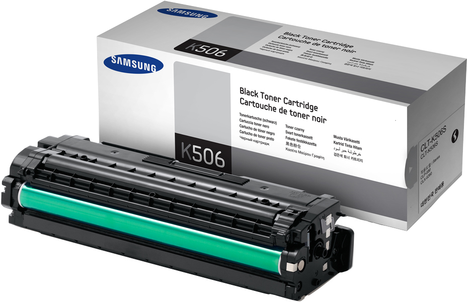 Eine schwarze Samsung K506 Tonerkartusche und ihre Verpackung. Die Box hat Text in verschiedenen Sprachen.