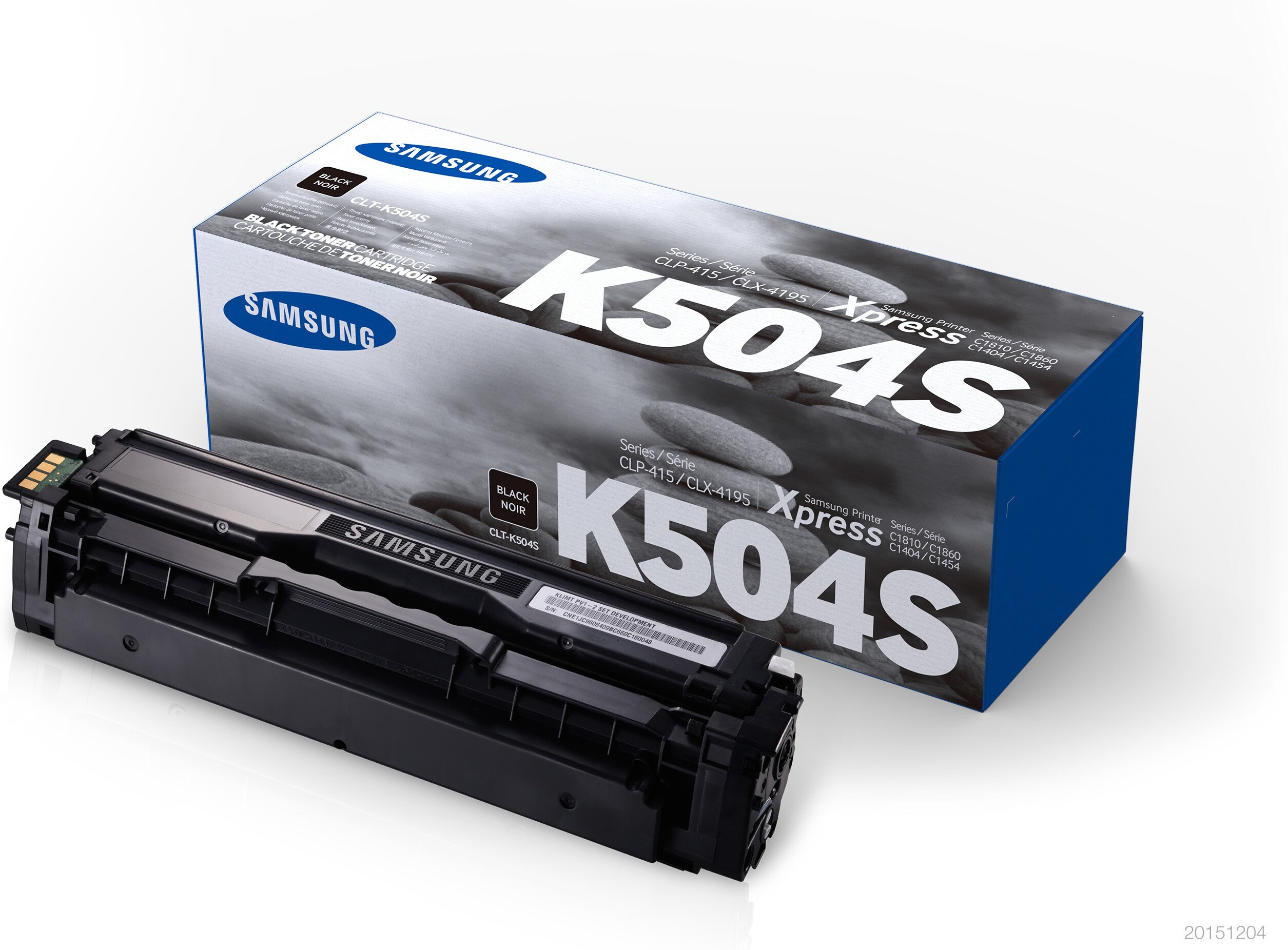 Schwarze Samsung Druckerpatrone und Box. Modell K504S.
