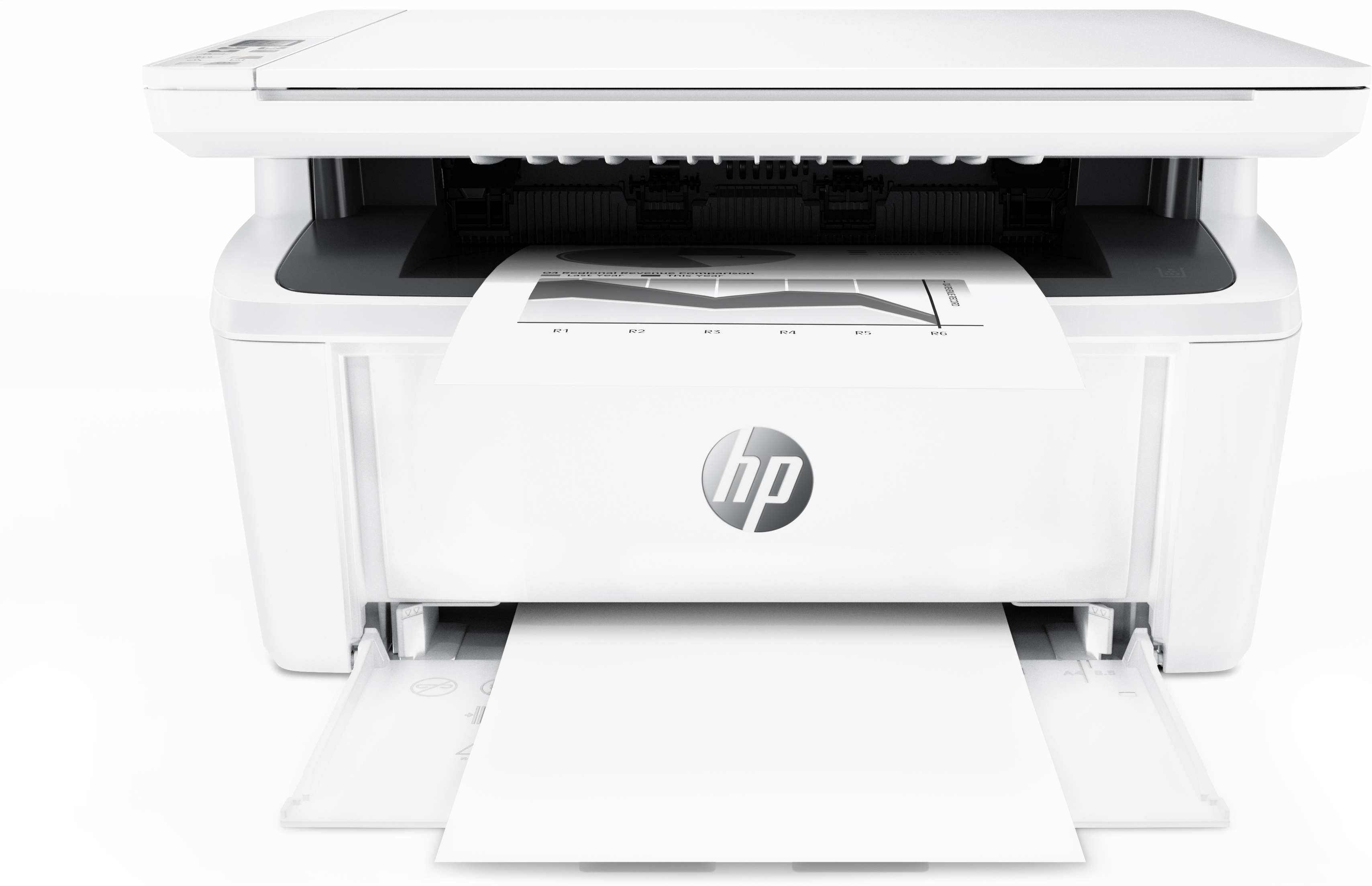 Weißer HP-Drucker mit einem Blatt Papier im Ausgabefach und einem auf Papier gedruckten Diagramm.