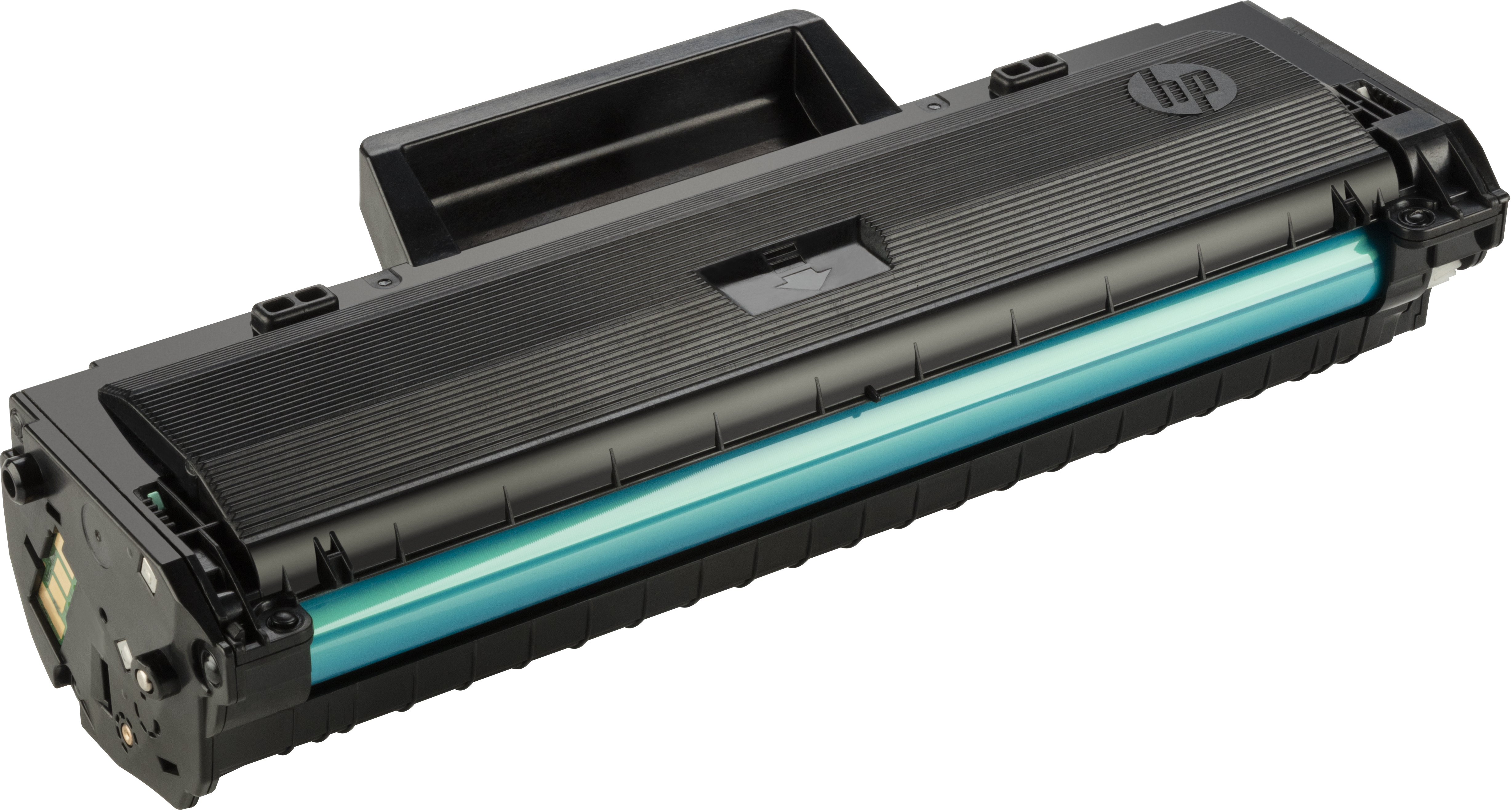 Eine schwarze HP-Tonerkartusche für einen Drucker mit einer grünen zylindrischen Komponente.