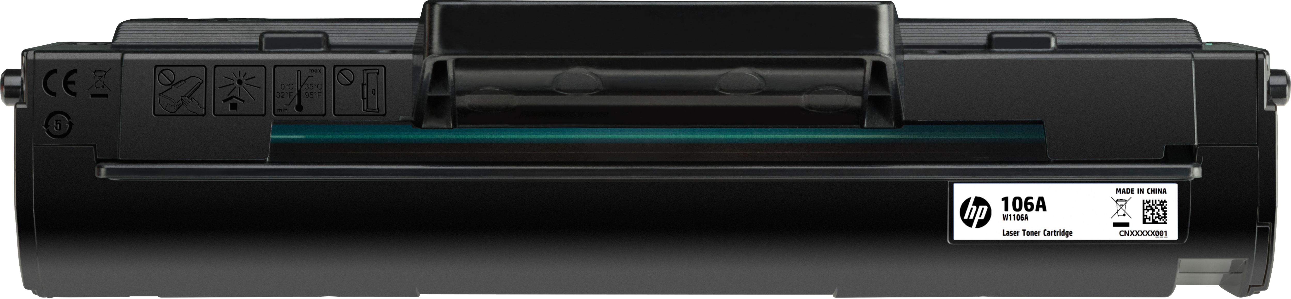 Schwarze HP 106A Lasertoner-Kartusche mit sichtbaren Etiketten und Markierungen.