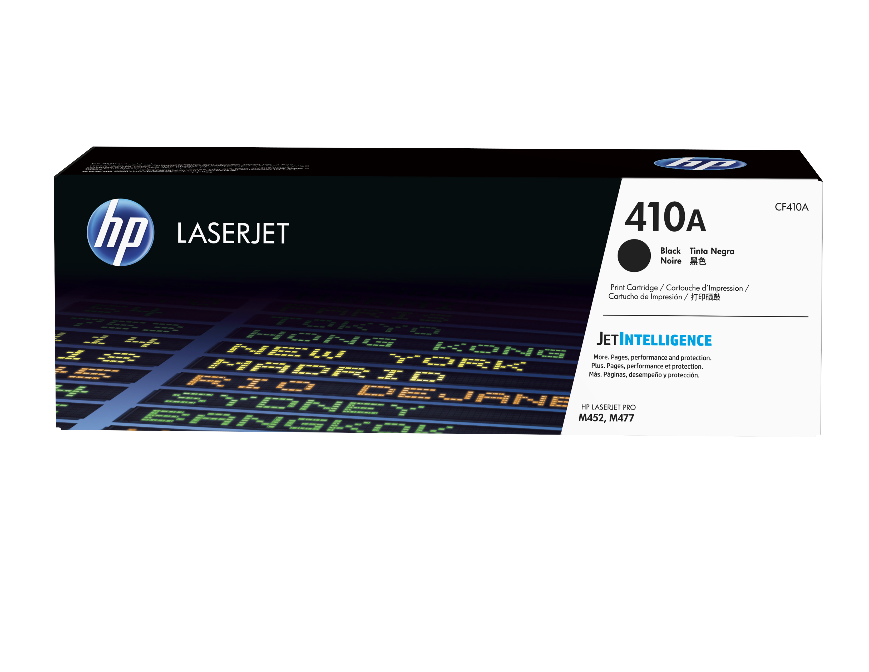 HP LaserJet 410A Tonerkartuschenbox, schwarz, mit JetIntelligence und Flughafen-Hintergrund.