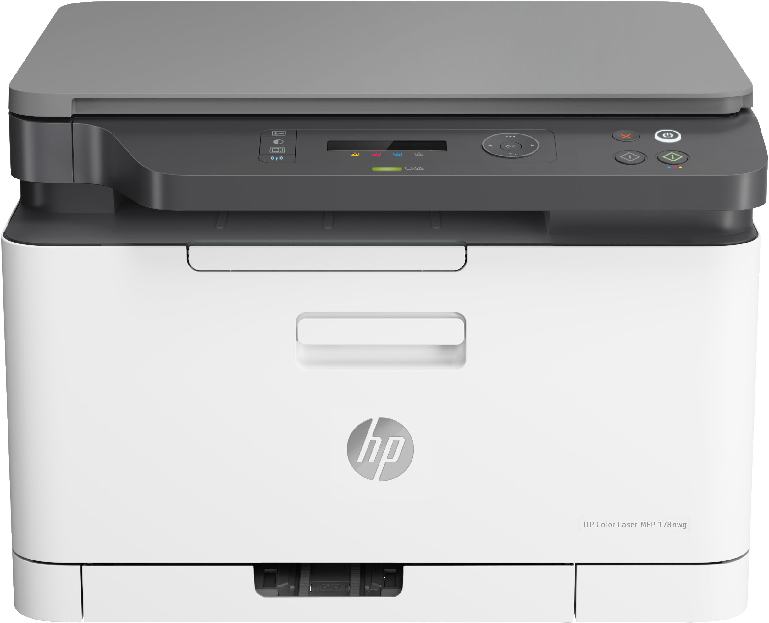 Weißer HP Farblaserdrucker mit grauem Oberteil, Vorderansicht. Das HP-Logo ist sichtbar.