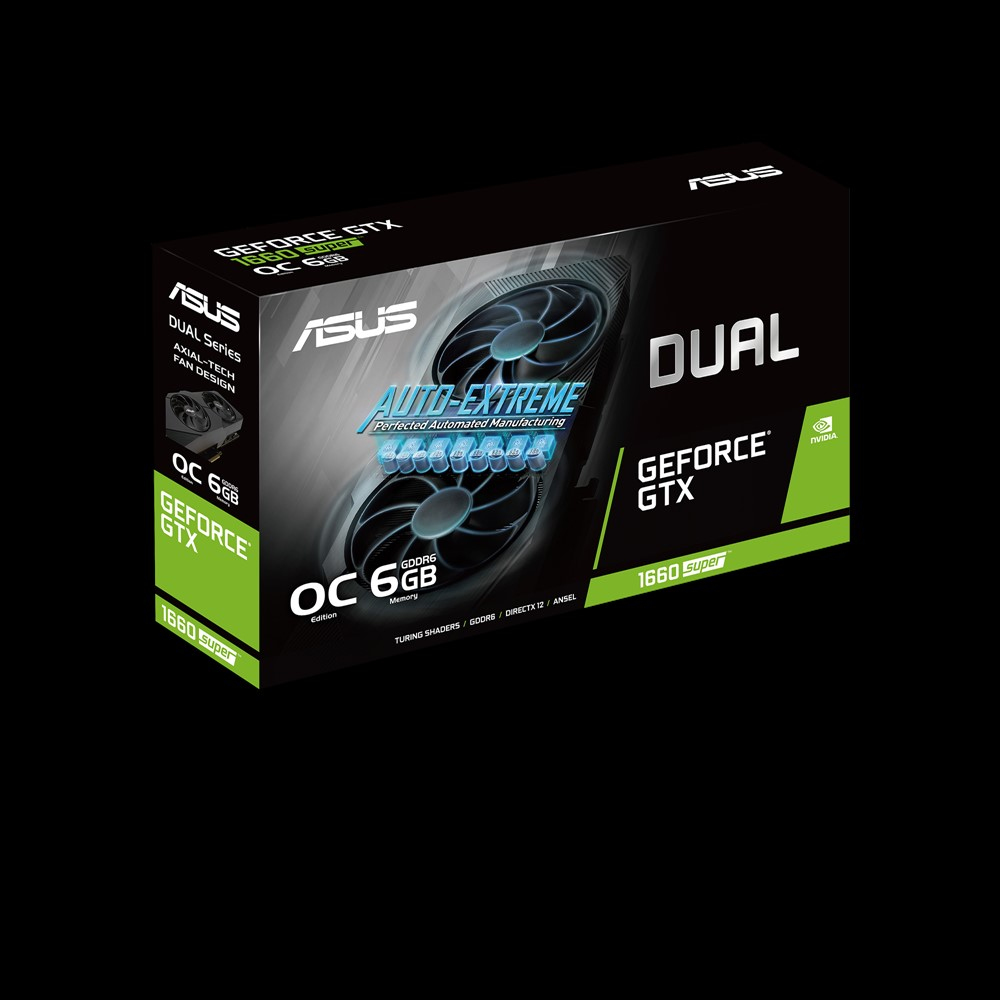 Asus GeForce GTX 1660 Super Grafikkartenbox, schwarz und grün, abgewinkelt auf schwarzem Hintergrund.
