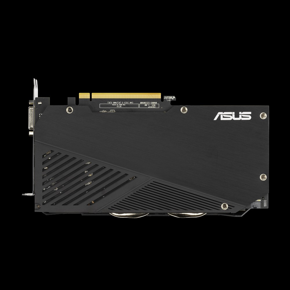 Eine schwarze Grafikkarte mit dem ASUS-Logo auf schwarzem Hintergrund.