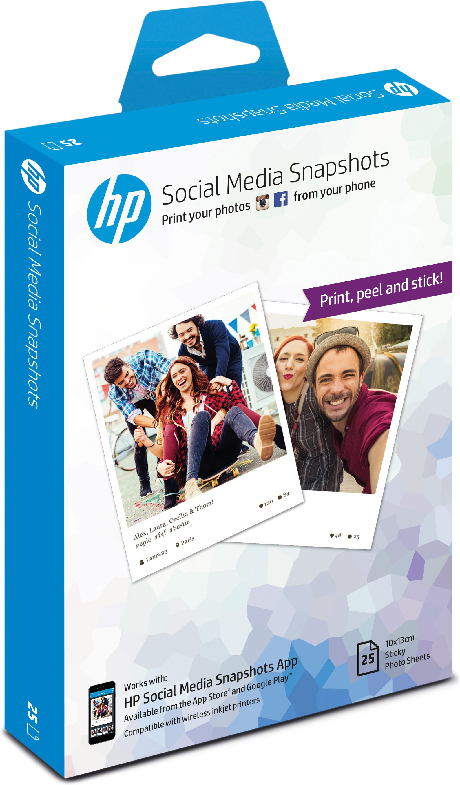 Schachtel mit HP Social Media Snapshots mit Fotos von Menschen. Blaue Box mit HP-Logo und Produktinfo.