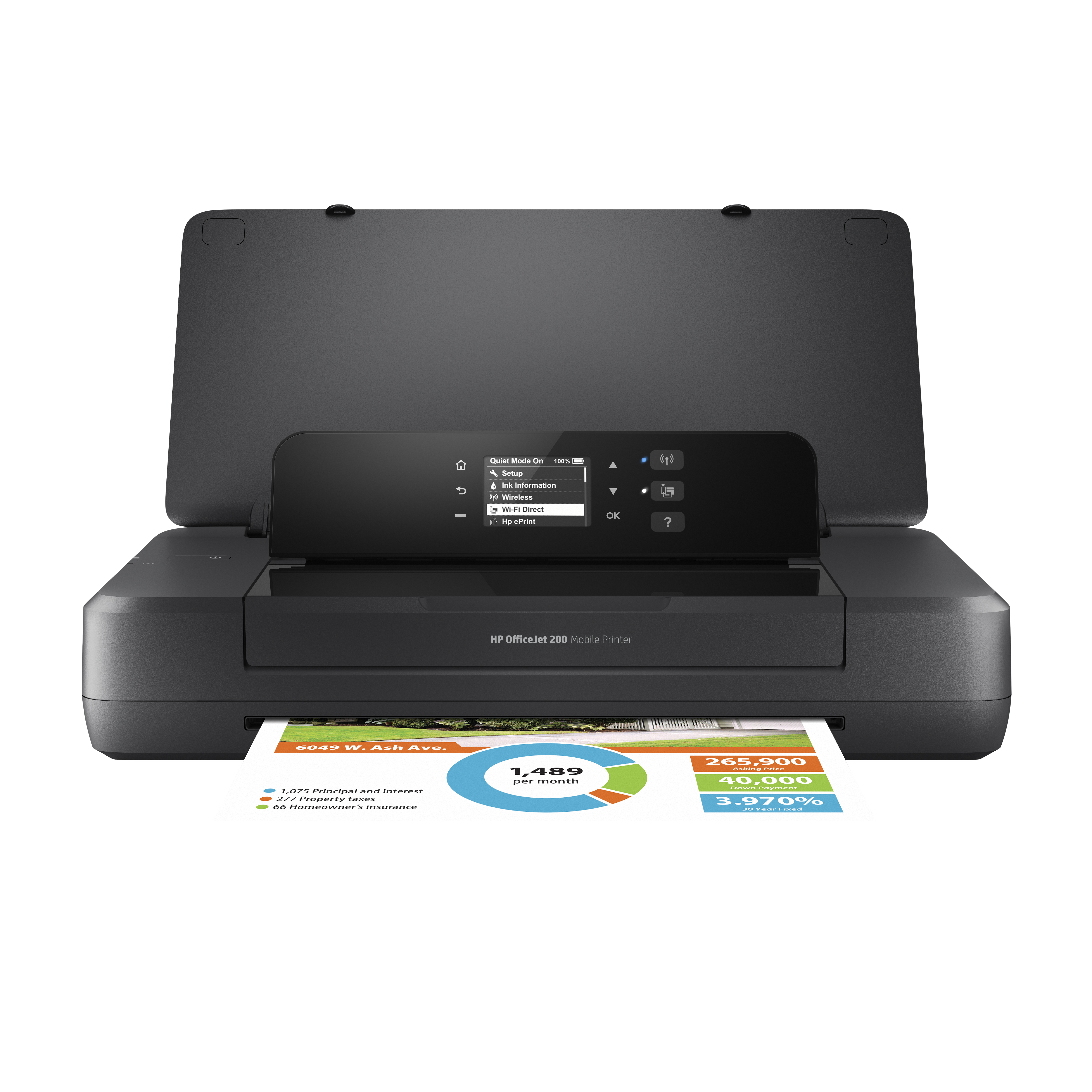 Ein schwarzer HP OfficeJet 200 Mobile Drucker druckt ein Diagramm mit Immobilendaten.