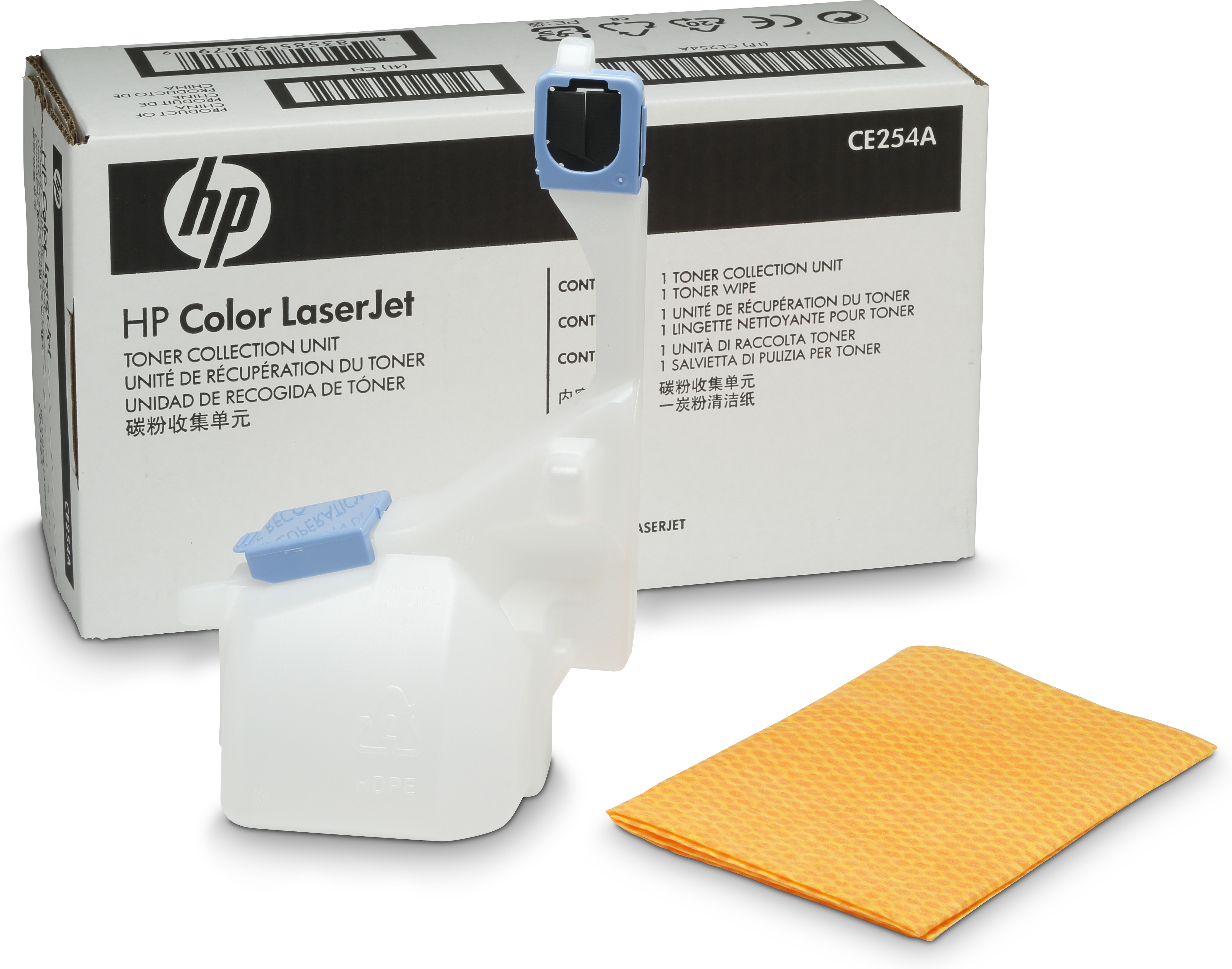 HP Color LaserJet Tonersammelbehälter und Reinigungstuch auf weißem Hintergrund.