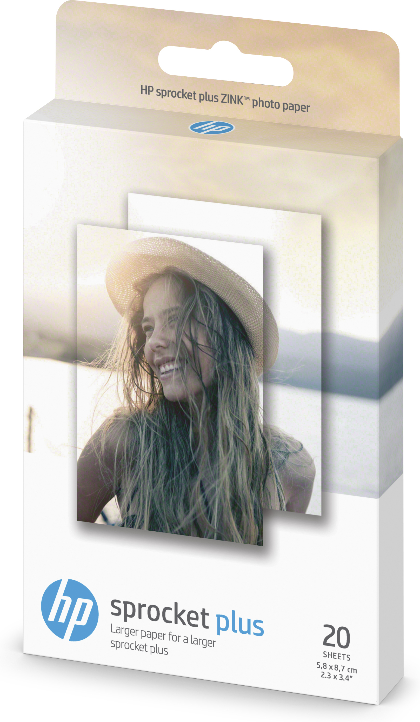 Box mit HP-Fotopapier. Auf der Vorderseite ist eine Frau mit Hut abgebildet.