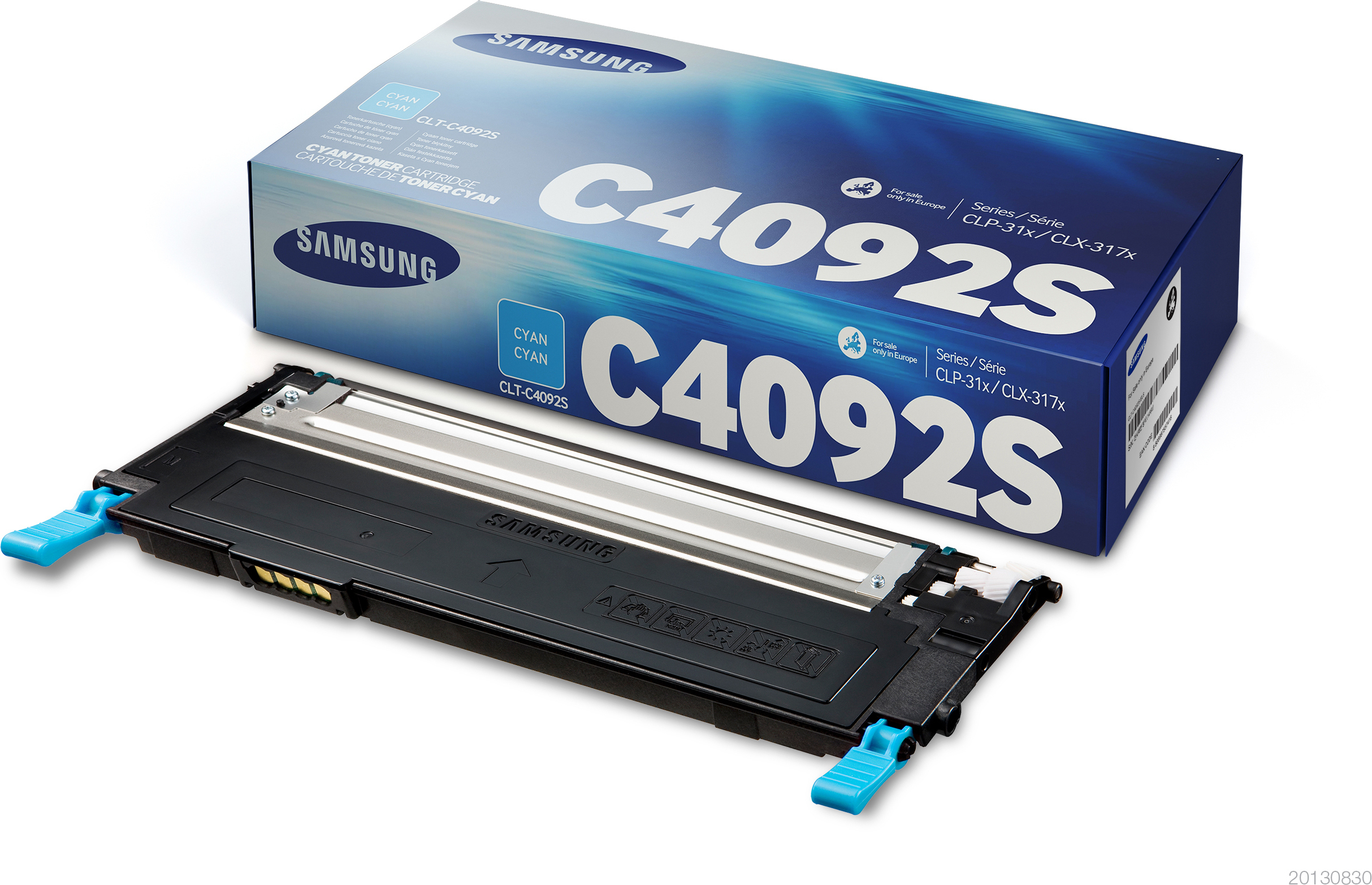 Samsung C4092S Cyan-Tonerkartusche und -Box. Die Box ist blau mit dem Text: C4092S. Patrone ist schwarz und cyan.