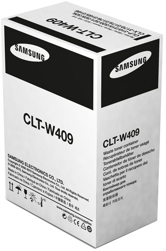 Samsung CLT-W409 Resttonerbehälterbox. Weiße Box mit schwarzem Text und Logos.