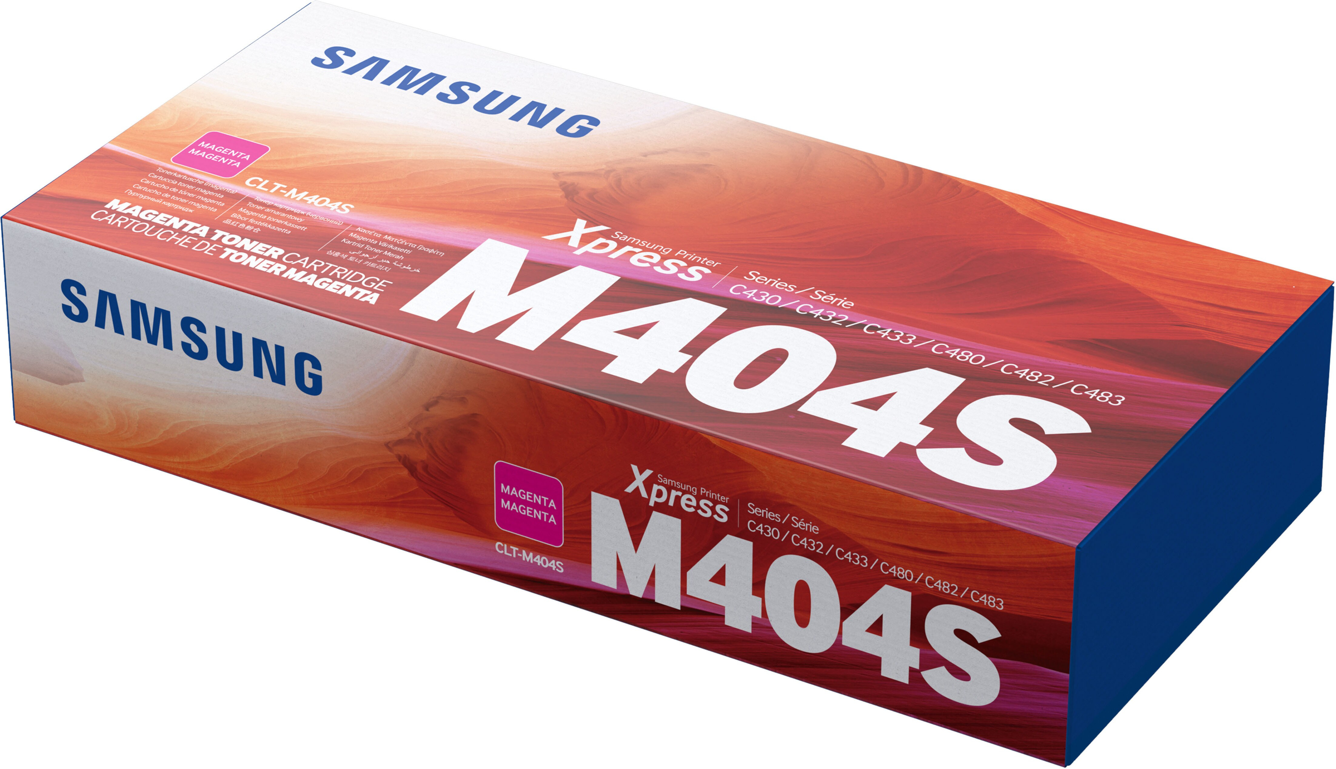 Samsung Drucker-Tonerkartuschenbox. Rosa und rot mit weißem Text. Ein dunkelblauer Sockel.