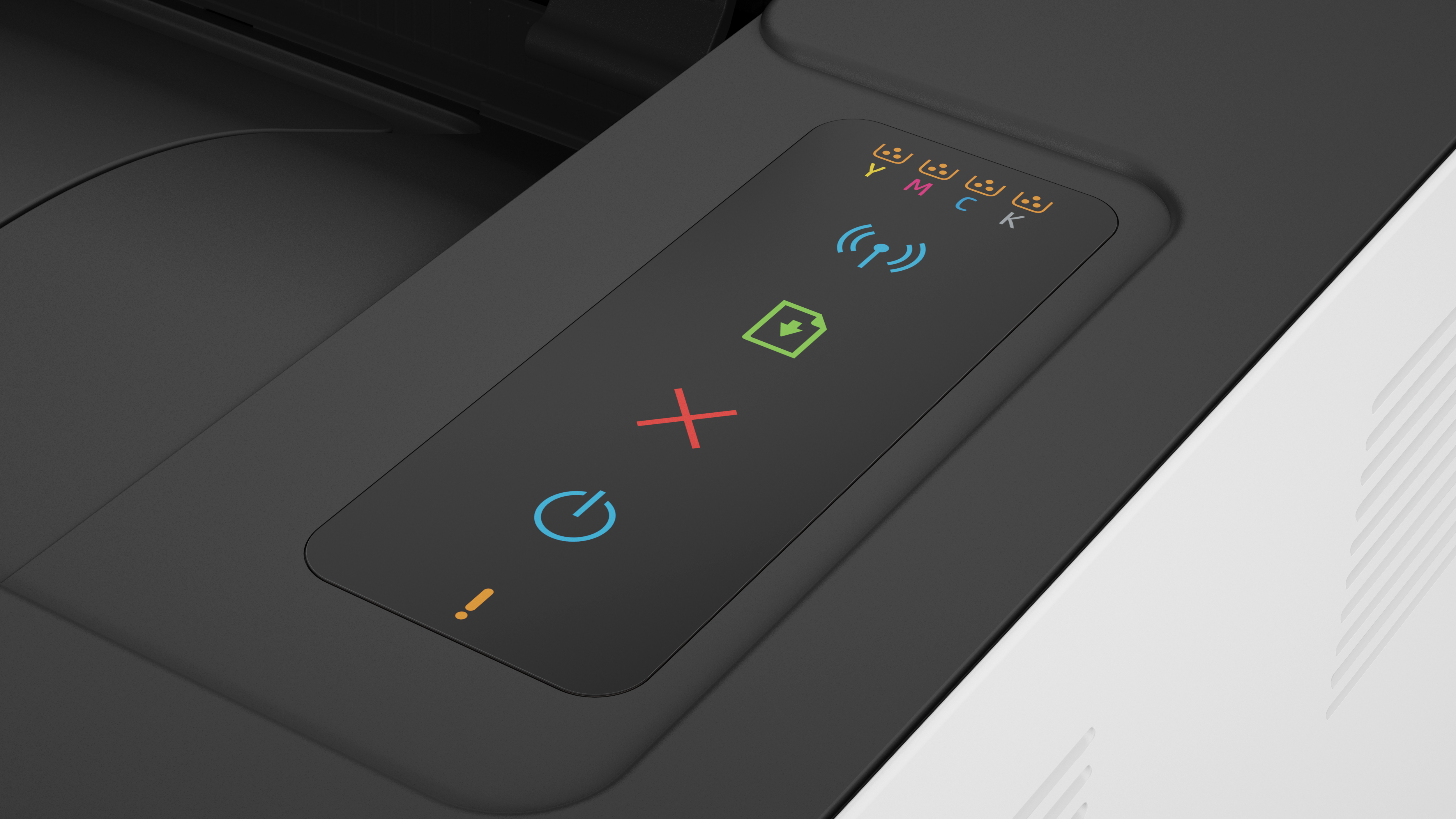 Close-up of a printer control panel with various illuminated icons and buttons.