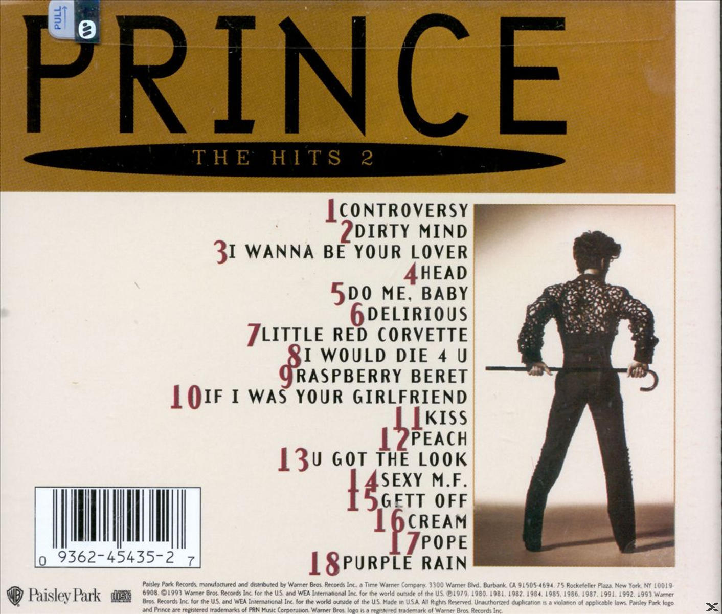 The back cover of Prince's The Hits 2 CD case, with song titles and a picture of Prince.