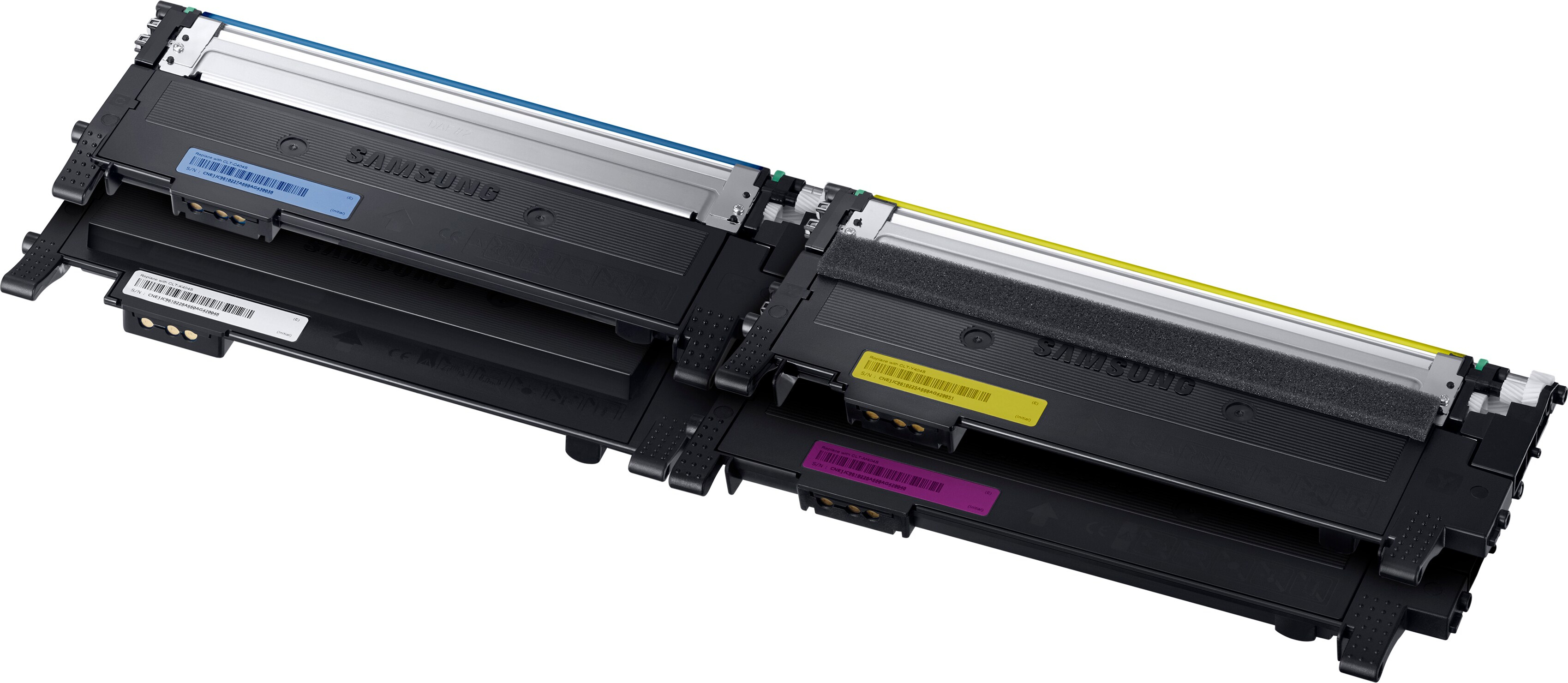 Two Samsung printer toner cartridges of different colors.