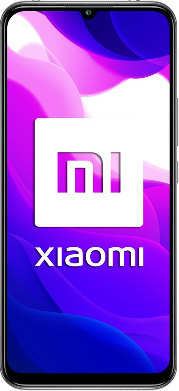 Un smartphone negro con un gran logotipo blanco "Xiaomi" sobre un fondo morado y azul.