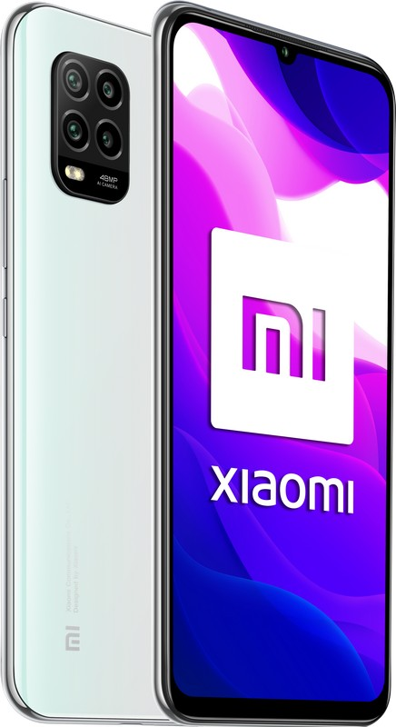 Teléfono Xiaomi blanco con una configuración de múltiples cámaras en la parte trasera. La pantalla muestra un logotipo de Xiaomi colorido.