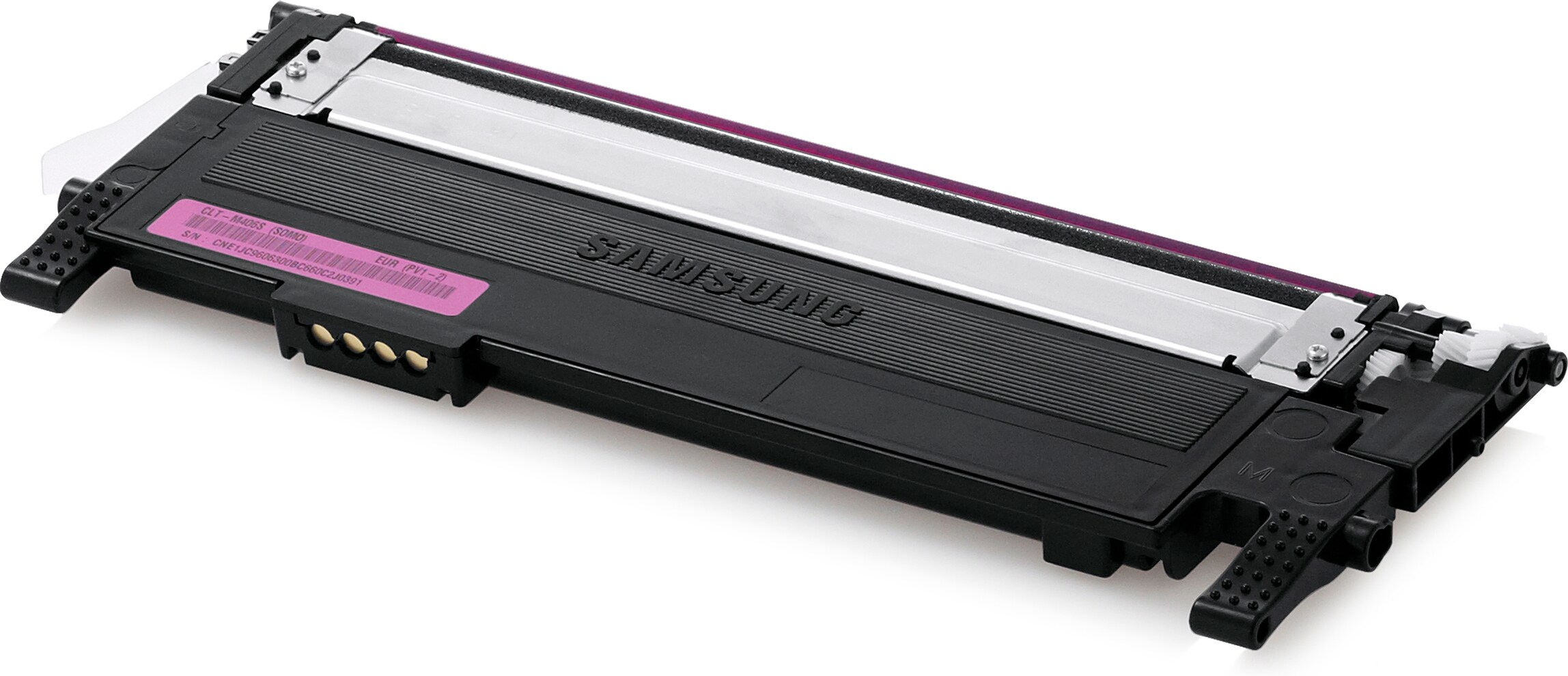 Black and magenta Samsung printer toner cartridge. The cartridge has various black and pink parts.