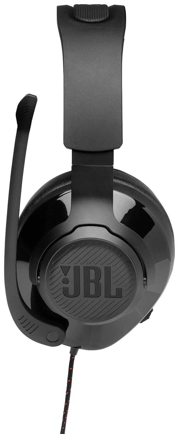 Black JBL headphones with a microphone. The headphones are connected to a red and black cable.