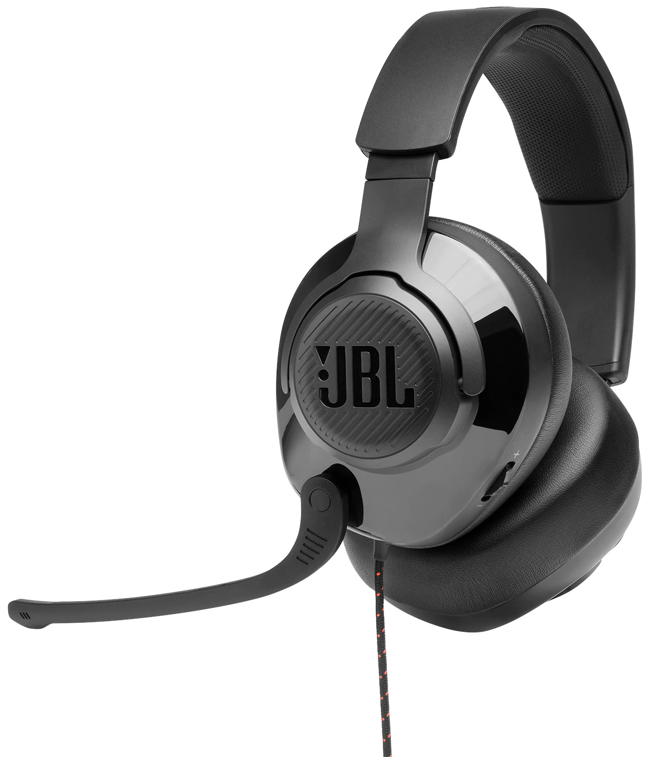 Black JBL headphones with mic, on white background.