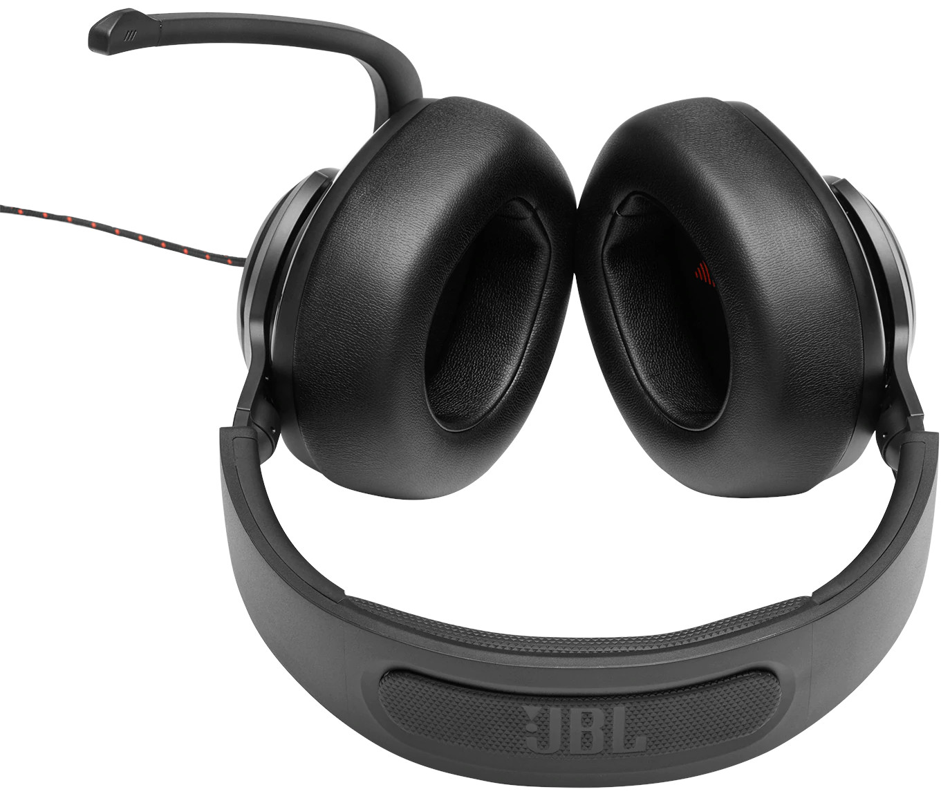 Black JBL gaming headset with a microphone, on a white background.