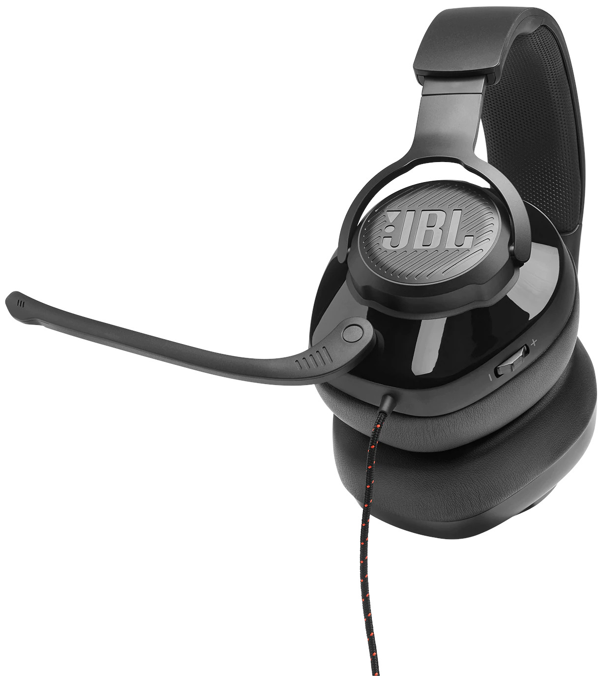 Black JBL headset with a microphone. It has a volume control and a red cable.