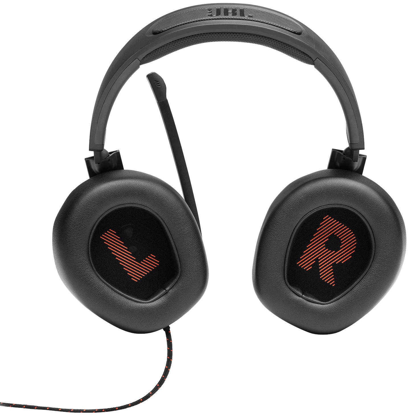 Black JBL gaming headset, with microphone and orange accents on the earcups.