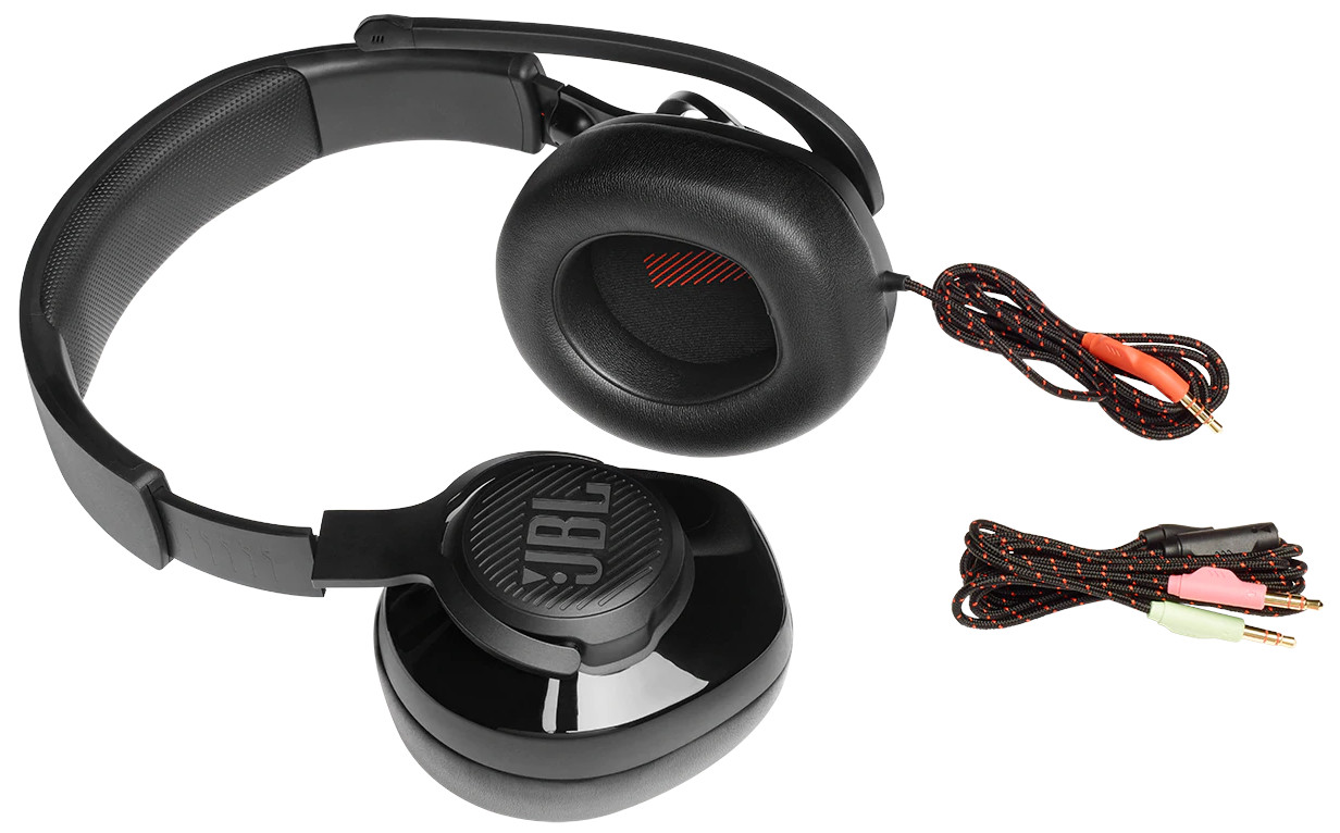 Black JBL headphones with earcups, cables and a connected orange and black cable.