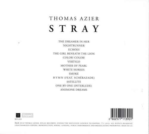 CD back cover with tracklist for Thomas Azier's album, 'Stray', with a white background.
