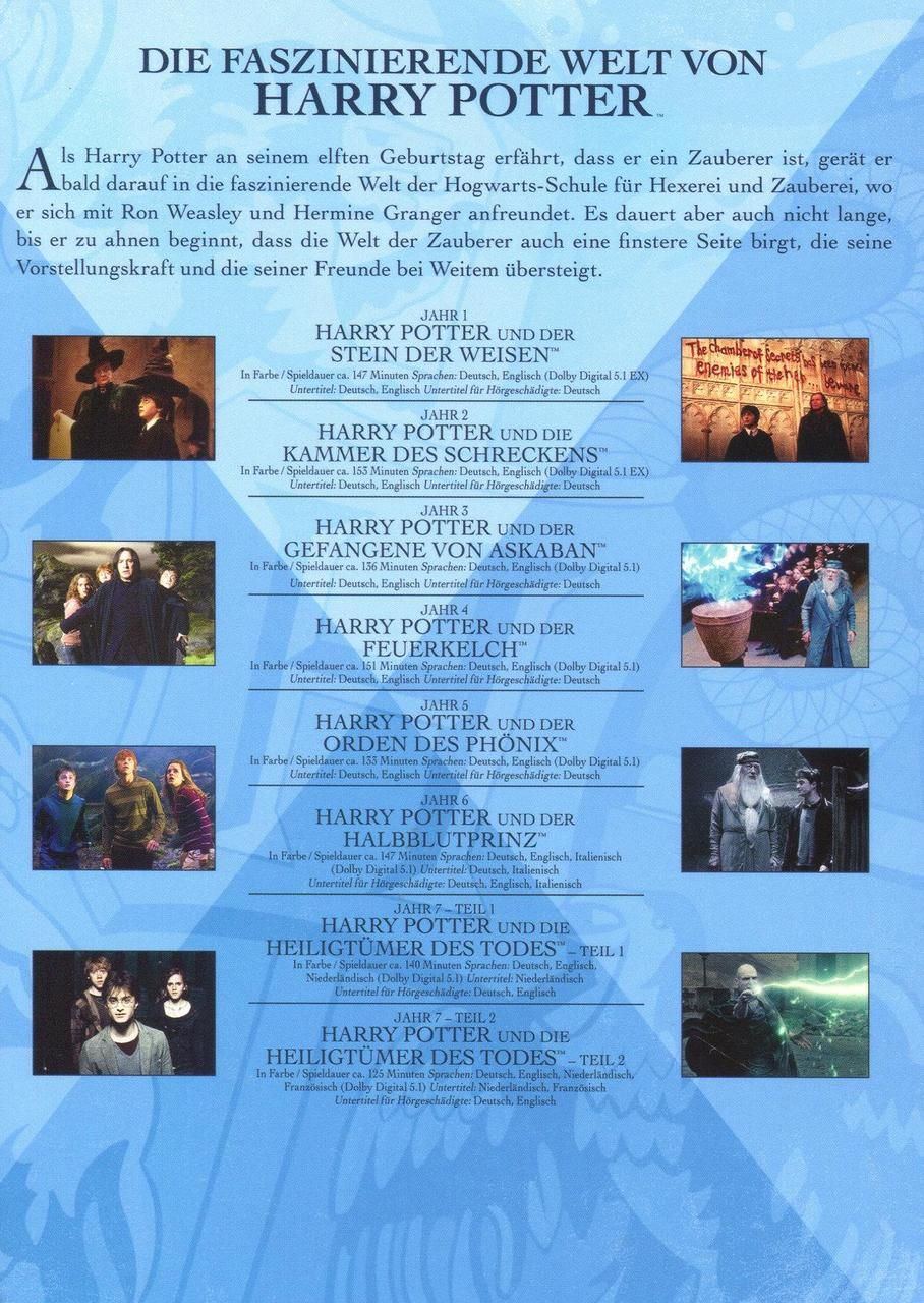 Ein deutscher Buchumschlag mit Harry Potter-Titeln und Charakterbildern. Blauer Hintergrund.