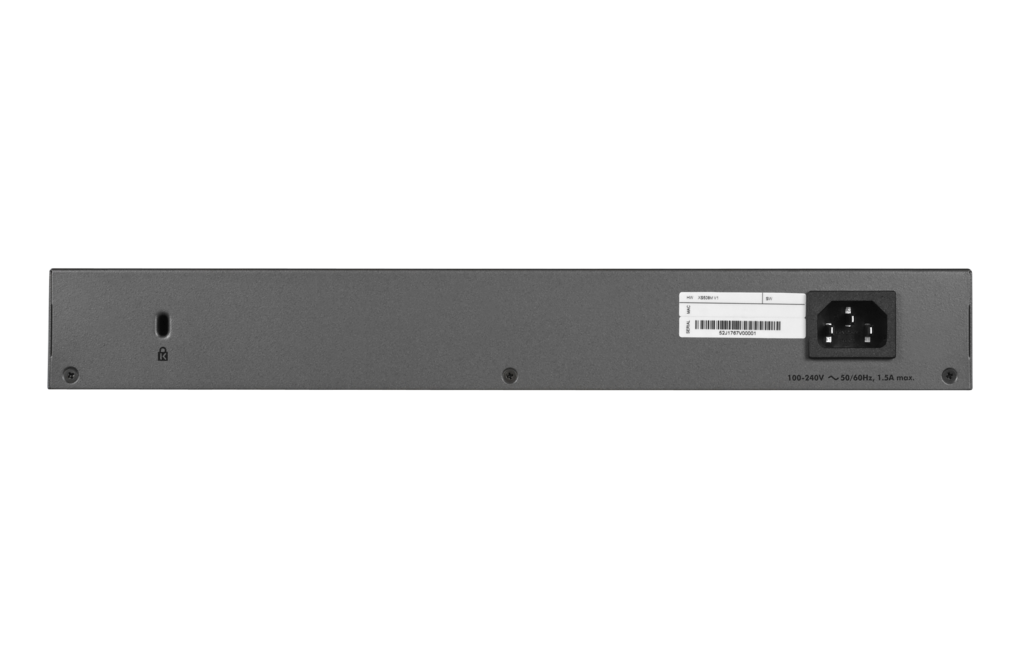 Schwarzer Netzwerk-Switch. Rückansicht mit Anschlüssen und Stromanschluss.