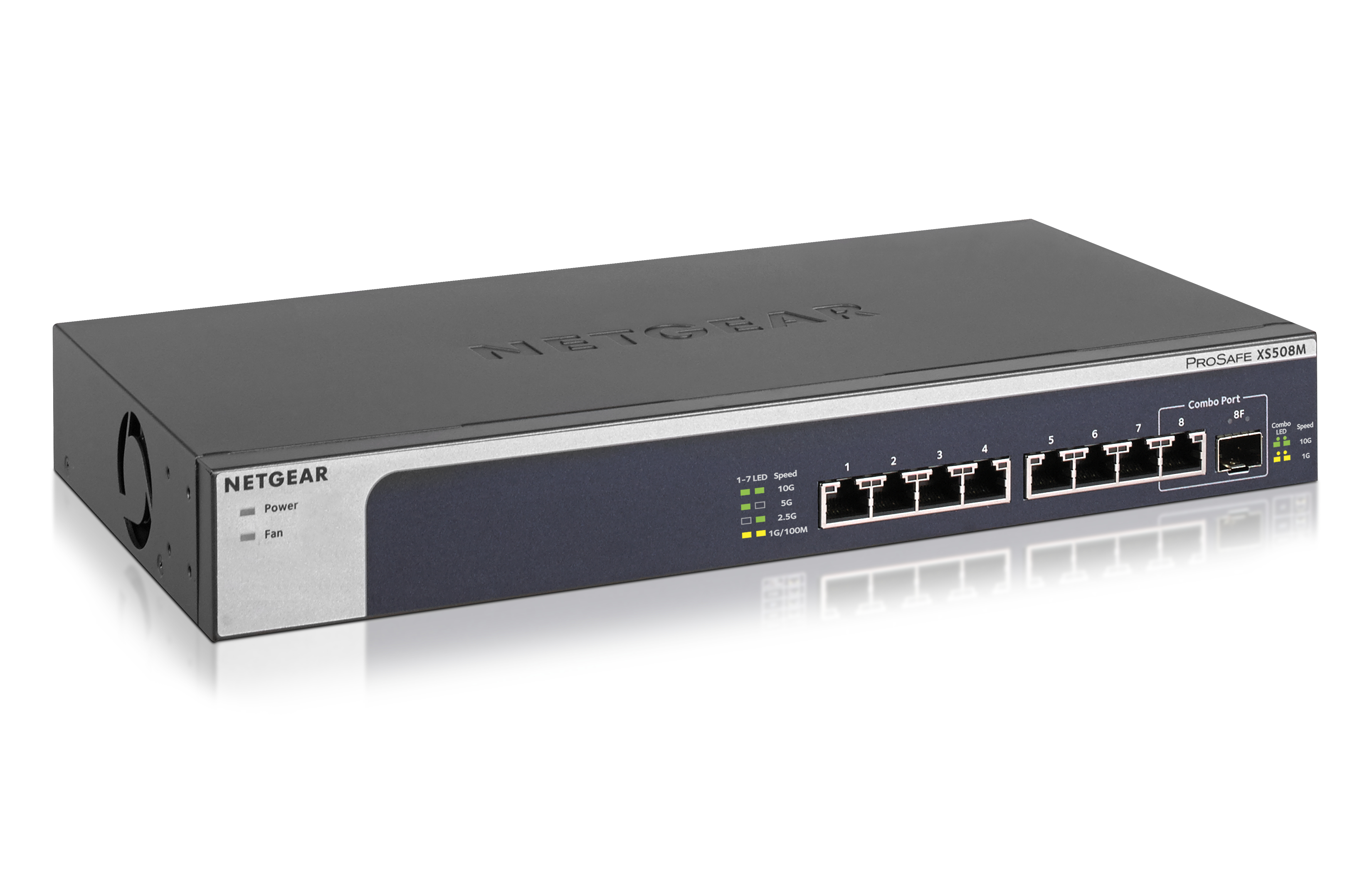 Schwarzer Netgear ProSafe XSS08M Netzwerk-Switch. Mit Ports an der Vorderseite und Kontrollleuchten.