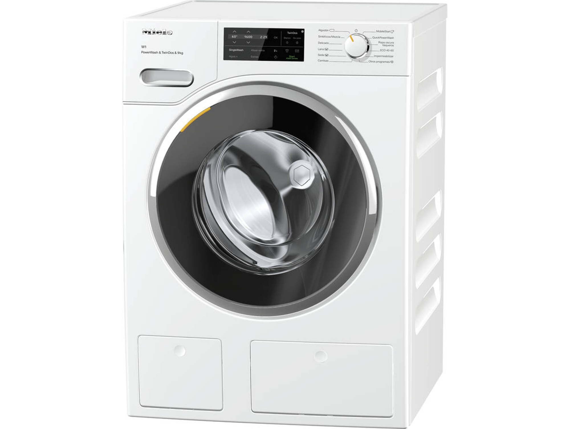 Una lavadora Miele blanca con un panel de visualización y dos cajones.
