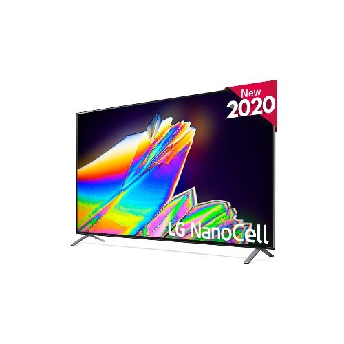 TV LG NanoCell, vista en ángulo, con imagen colorida en pantalla. Adhesivo rojo 'Nuevo 2020'.
