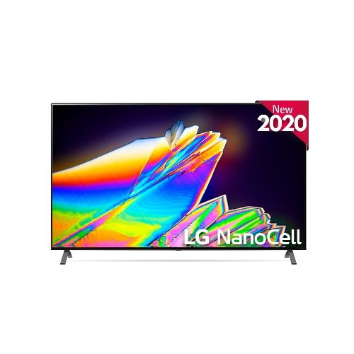 Un televisor LG NanoCell con una pantalla colorida, con una pegatina que dice "Nuevo 2020".