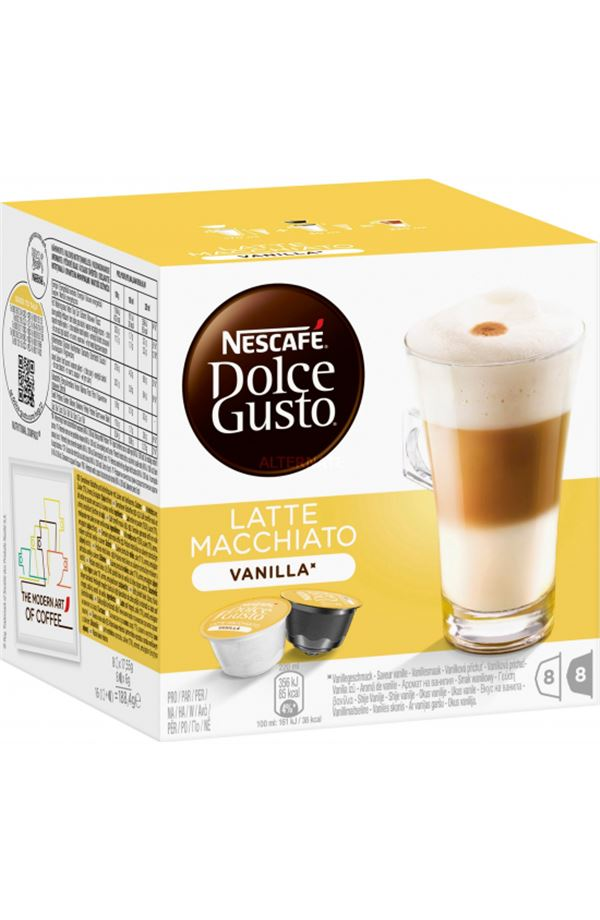 Caja de Nescafe Dolce Gusto Vanilla Latte Macchiato. Muestra bebida, cápsulas de café e info nutricional.