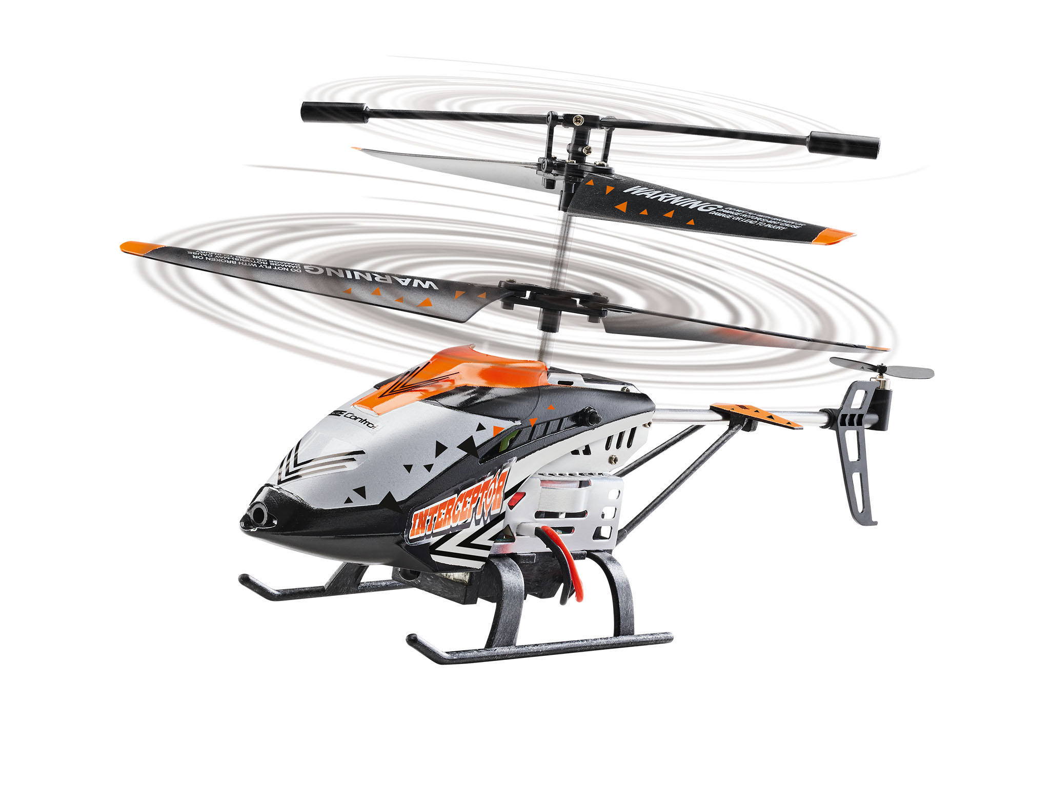 Ein Spielzeughelikopter, weiß, schwarz und orange, mit sich drehenden Rotorblättern auf weißem Hintergrund.