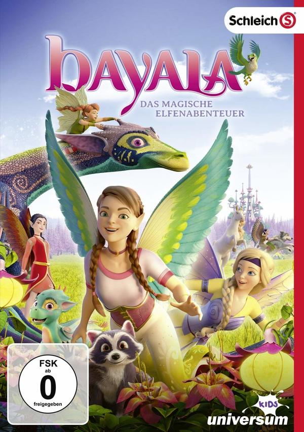 DVD-Cover für 'Bayala - Das magische Elfenabenteuer'. Verschiedene animierte Elfen und ein Drache.